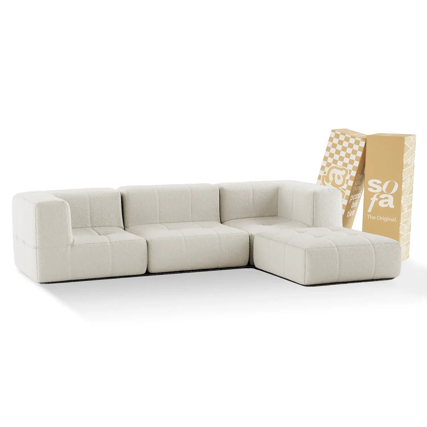 <tc>The growing sofa</tc> modularer 3-Sitzer in Bouclé mit 2 Armlehnen und Chaiselongue – Leinen