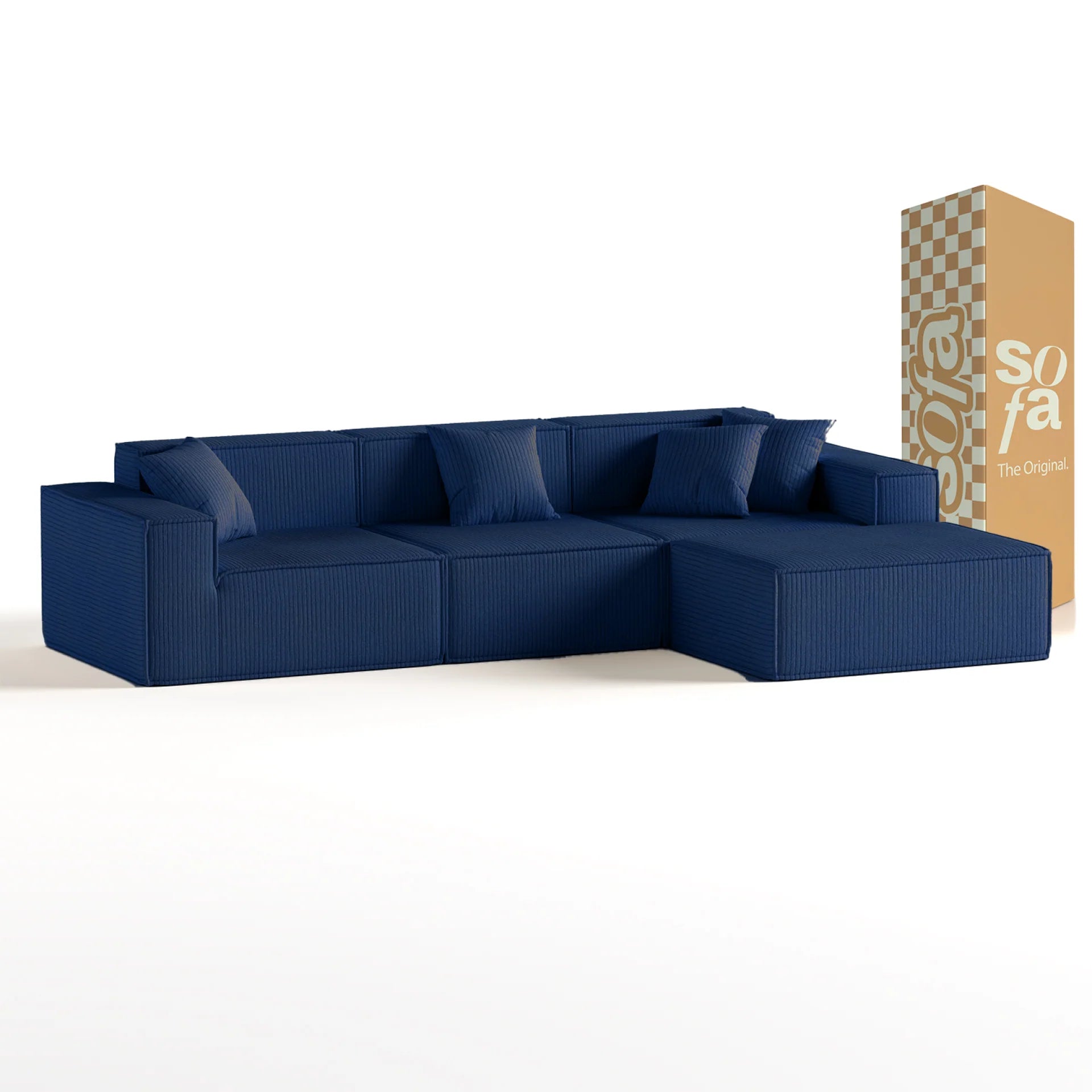 Das mitwachsende Sofa Pelion 3 Sitze + 1 Chaiselongue in Boucle – Blau